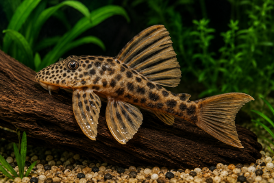 Peixe limpa-vidros castanho claro com manchas pretas numa madeira no aquário