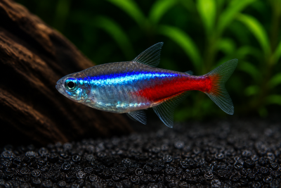 Peixe neón azul e vermelho em aquário com fundo escuro e plantas verdes ao fundo
