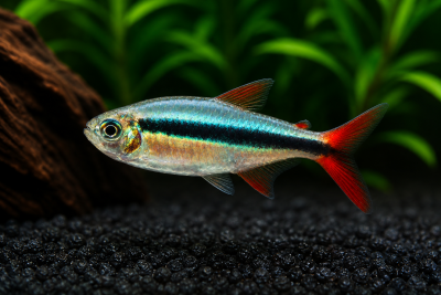 Peixe tropical com corpo prateado e listra preta e nadadeiras vermelhas em aquário