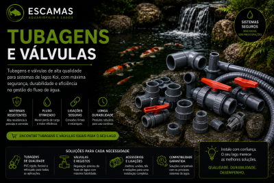 Tubagens e válvulas cinza com manípulos vermelhos sobre pedras junto a lago com peixes