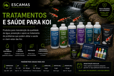 Produtos de tratamento para peixes Koi com frascos, embalagens de sal e kit de teste de água em pedra perto de lago com peixes Koi