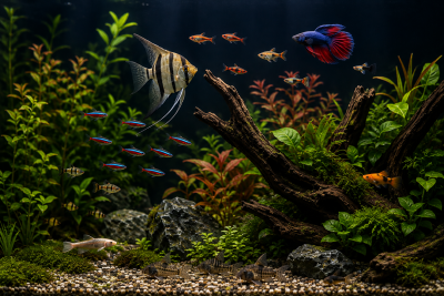 Aquário com plantas, madeira e peixes tropicais variados de várias cores como azul, vermelho, preto e amarelo