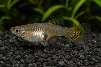 Peixe pequeno com escamas iridescentes cinzentas e douradas sobre pedras negras