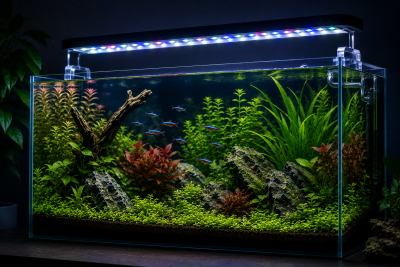 Aquário de vidro com plantas aquáticas, pedras e peixes neons sob luz LED