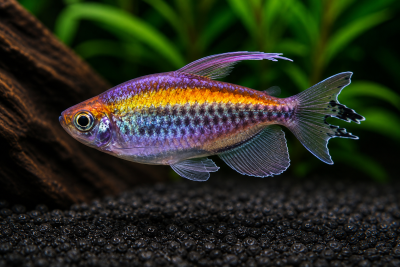 Peixe tropical colorido em aquário com plantas e pedras.