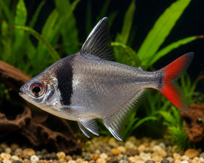 Peixe prateado com nadadeira preta e cauda vermelha em aquário com plantas e cascalho