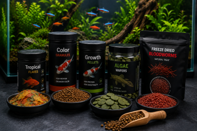 Alimentos diversos para peixes em embalagens pretas com fundo de aquário e tigelas com diferentes tipos de ração.
