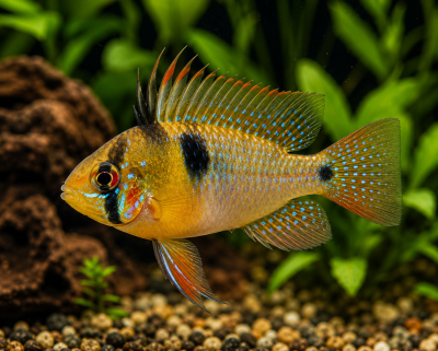 Peixe tropical amarelo com manchas azuis e pretas em aquário com plantas e cascalho