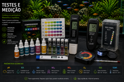 Kit de teste de água para aquário com frascos, medidores digitais e tabela colorida em fundo de aquário