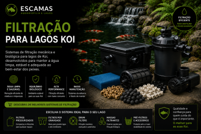 Sistema de filtragem para lagos Koi com filtro, caixa, esponja e esferas filtrantes numa superfície de pedra junto a lago com peixes.