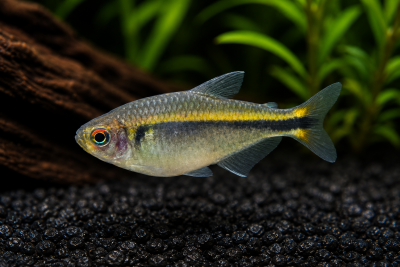 Peixe tropical com corpo amarelo e prata em aquário com plantas e tronco