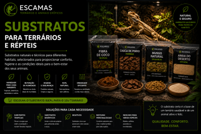 Substratos para terrários e répteis ESCAMAS com embalagem preta e rótulos verdes, mostrando fibra de coco, casca de pinho, musgo natural e areia do deserto.