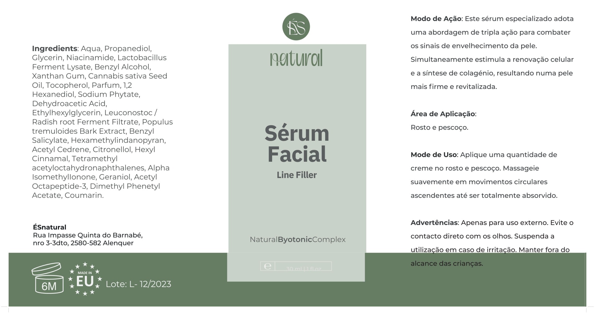 Sérum Preenchedor Rótulo de sérum facial Line Filler ÉSnatural com texto em português e cores verde e branco