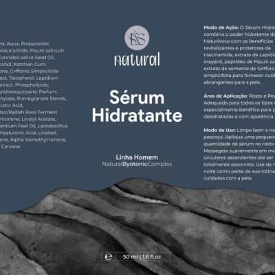 Frasco de sérum hidratante Natural com rótulo azul e texto branco sobre pedras cinzentas