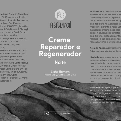 Frasco preto de creme reparador e regenerador para noite da linha Homem Natural com texto em português