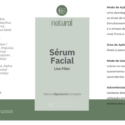 Rótulo de sérum facial Line Filler ÉSnatural com texto em português e cores verde e branco