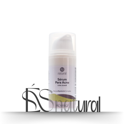 Frasco de sérum para acne com tampa transparente e etiqueta lilás