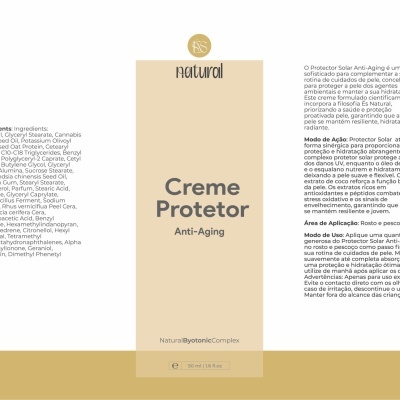 Embalagem de Creme Protetor Anti-Aging Natural com texto dos ingredientes e instruções em português