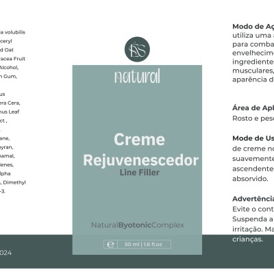 Rótulo de creme rejuvenescedor ÉSnatural com lista de ingredientes e instruções em português.