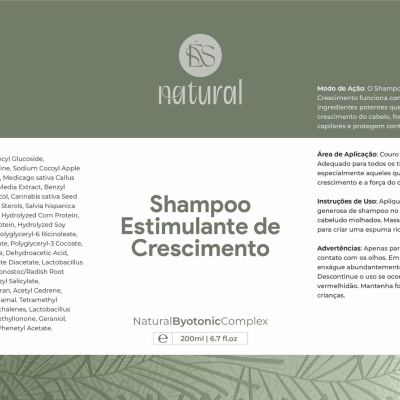 Frasco de shampoo Natural para estímulo de crescimento com informações sobre uso e ingredientes