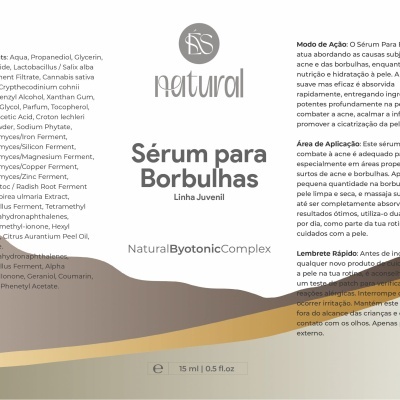 Etiqueta de Sérum para Borbulhas Natural com texto de ingredientes e modo de uso