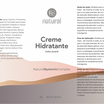 Embalagem de creme hidratante Natural Bybotonic Complex Linha Juvenil 50 ml com descrição de ingredientes e modo de uso