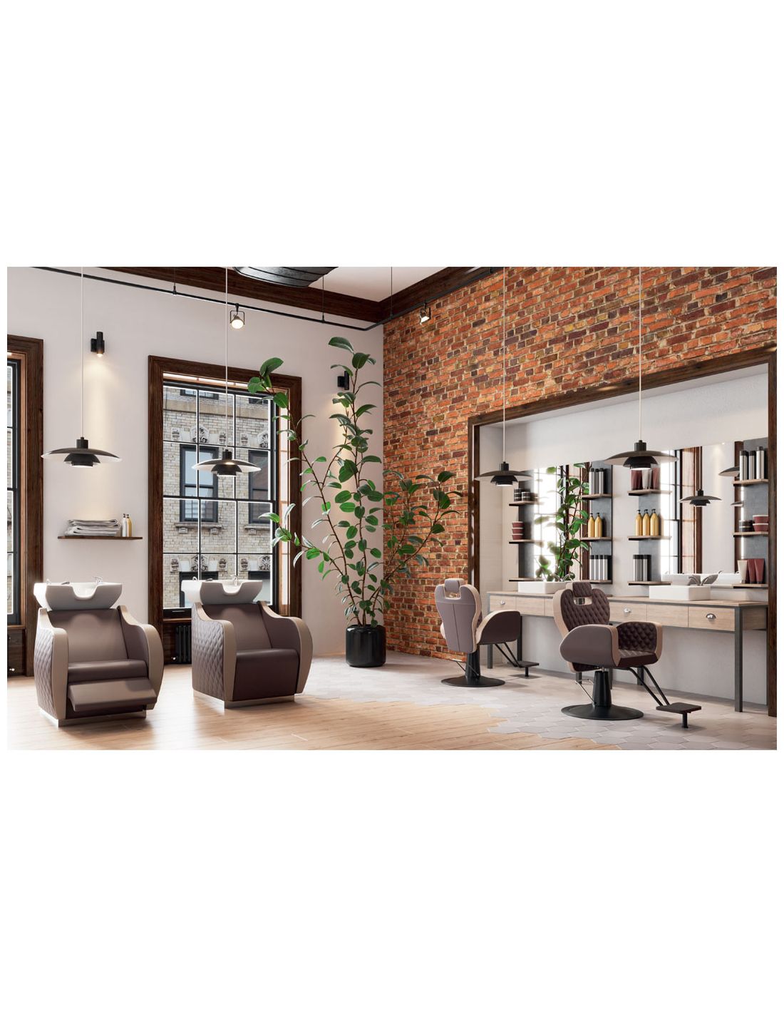 Salão de cabeleireiro com cadeiras castanhas e parede de tijolo exposto