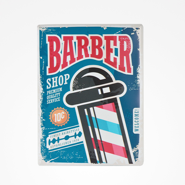Placa metálica decorativa de barbearia azul com texto e poste de barbearia colorido