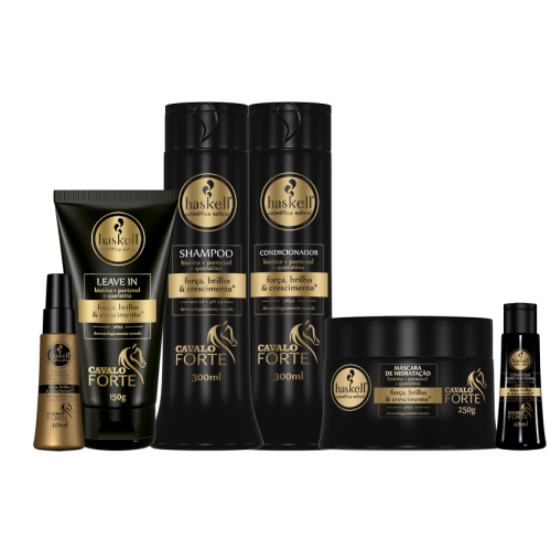 Conjunto de produtos capilares Cavalo Forte da Haskell em embalagens pretas com texto dourado