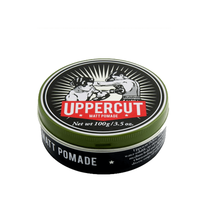 Pote de pomada Uppercut com tampa verde e etiqueta preta e vermelha
