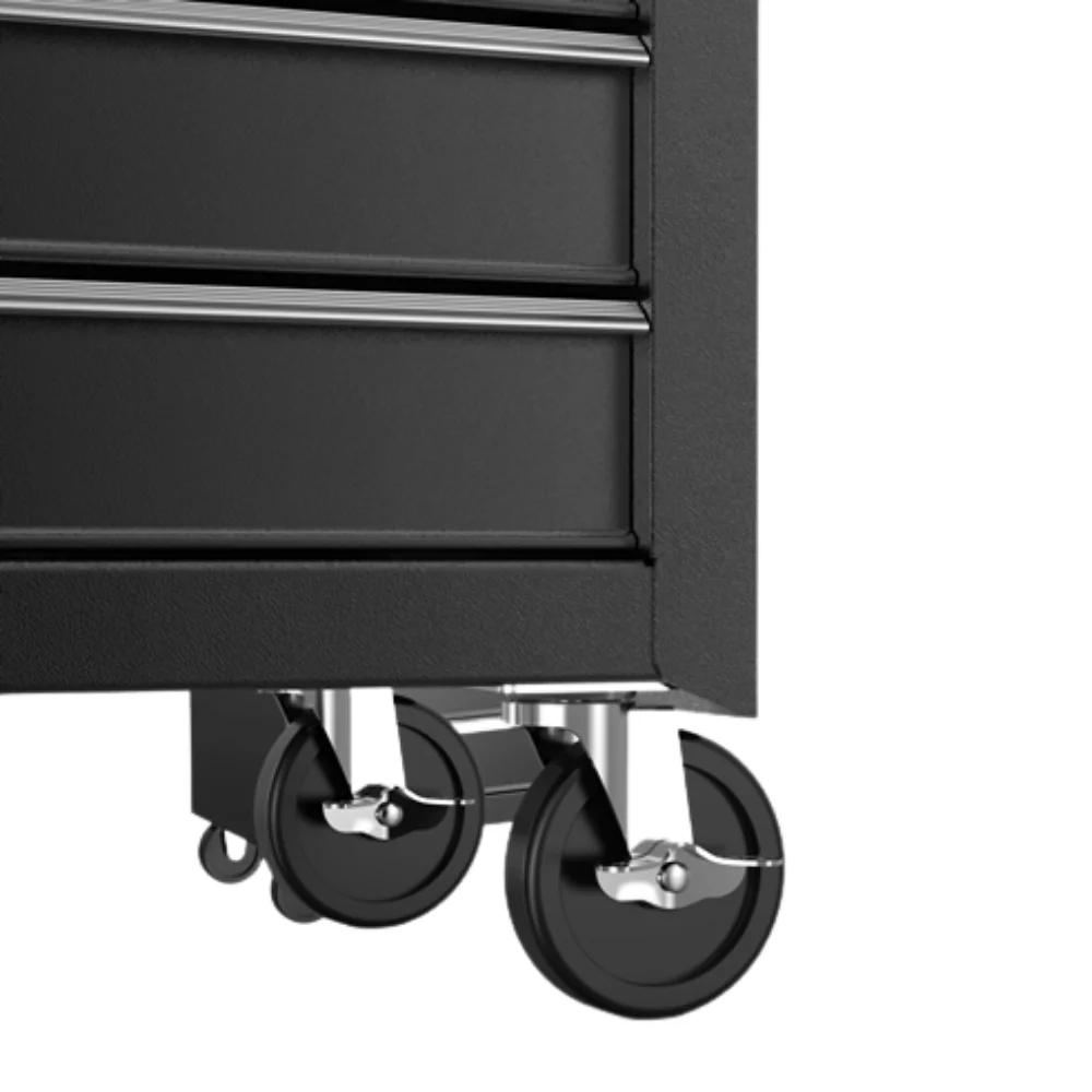 Detalhe inferior de armário móvel preto com rodas e gavetas