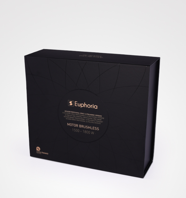 Embalagem preta elegante do produto Euphoria com texto motor brushless