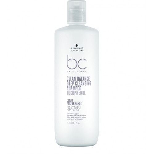 Frasco branco de shampoo Schwarzkopf BC Bonacure Clean Balance Deep Cleansing.