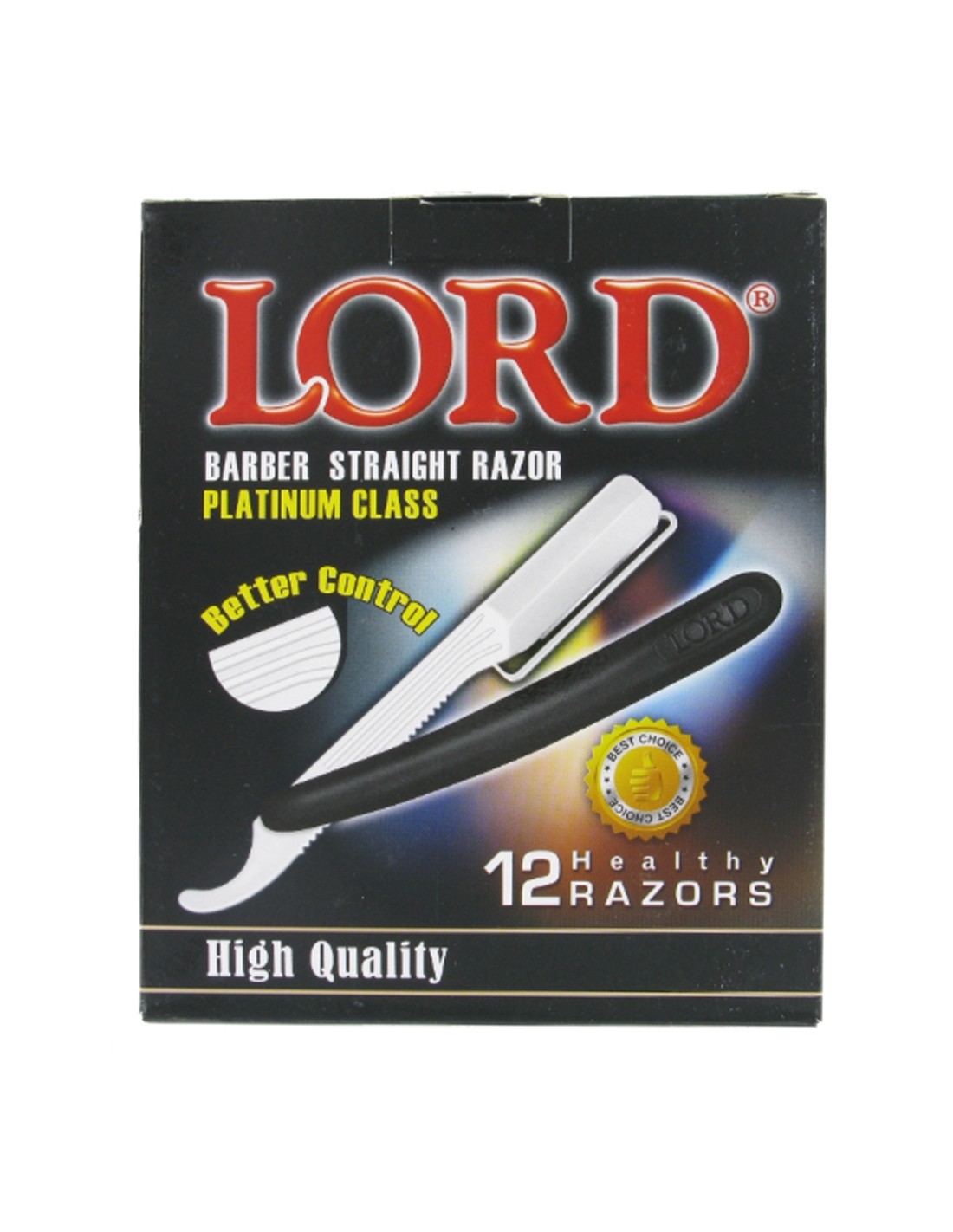 Caixa preta de navalhas de barbear retas LORD com texto e imagem da navalha.