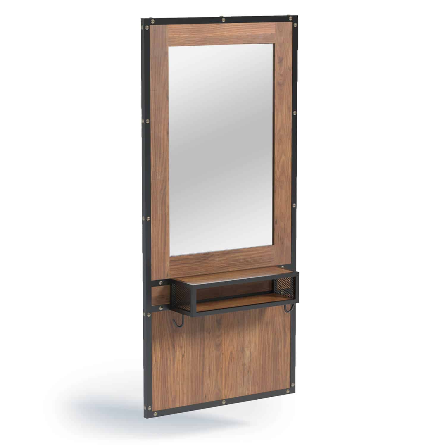 Espelho com moldura de madeira e estrutura metálica preta com prateleira
