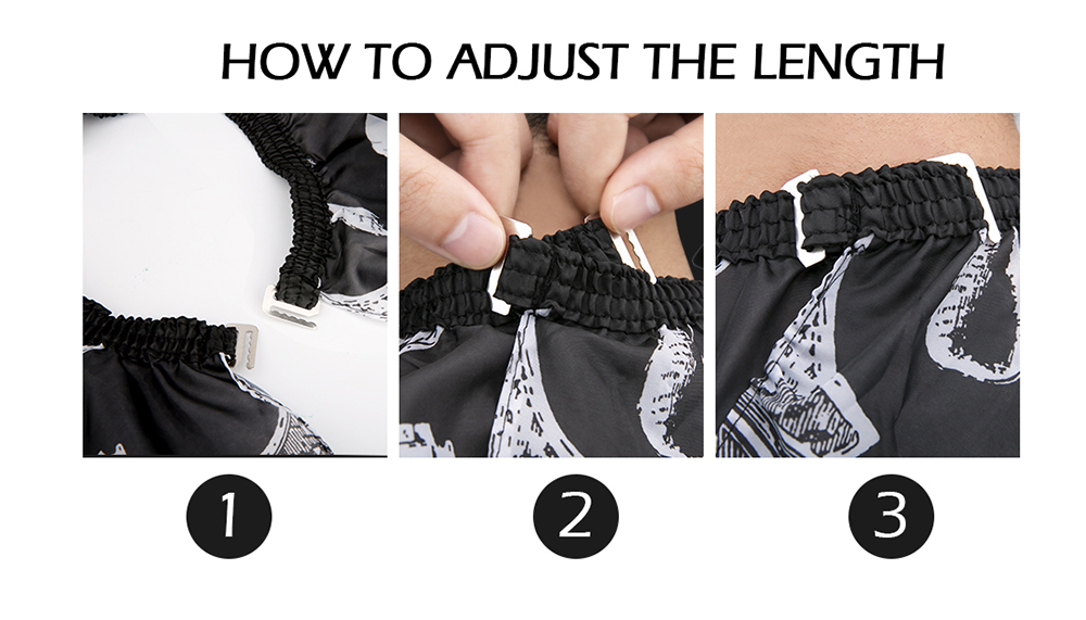 Instruções para ajustar a cintura de calças desportivas pretas com padrão branco