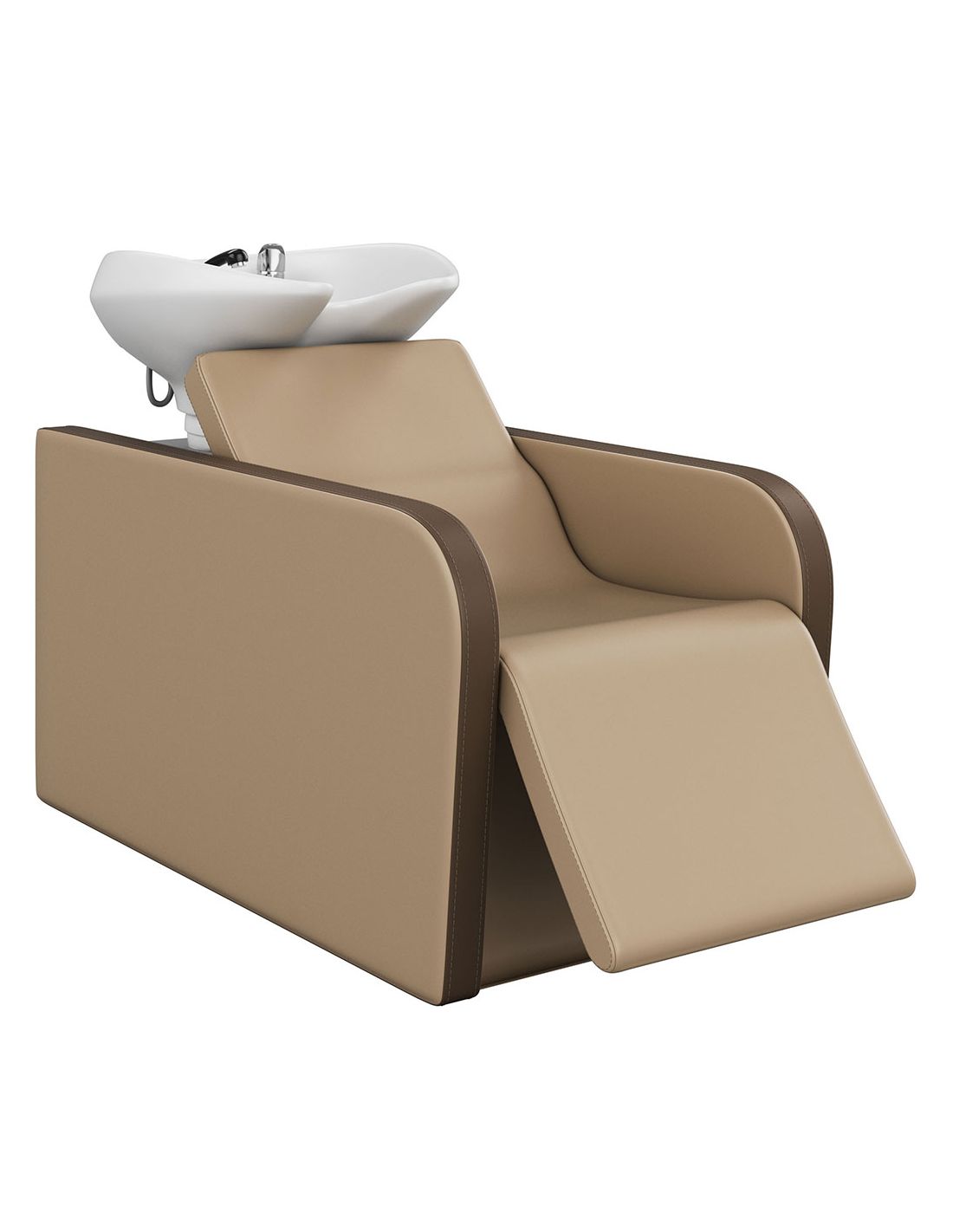 Cadeira de lavagem para salão com estofado bege e lava-cabeças branco