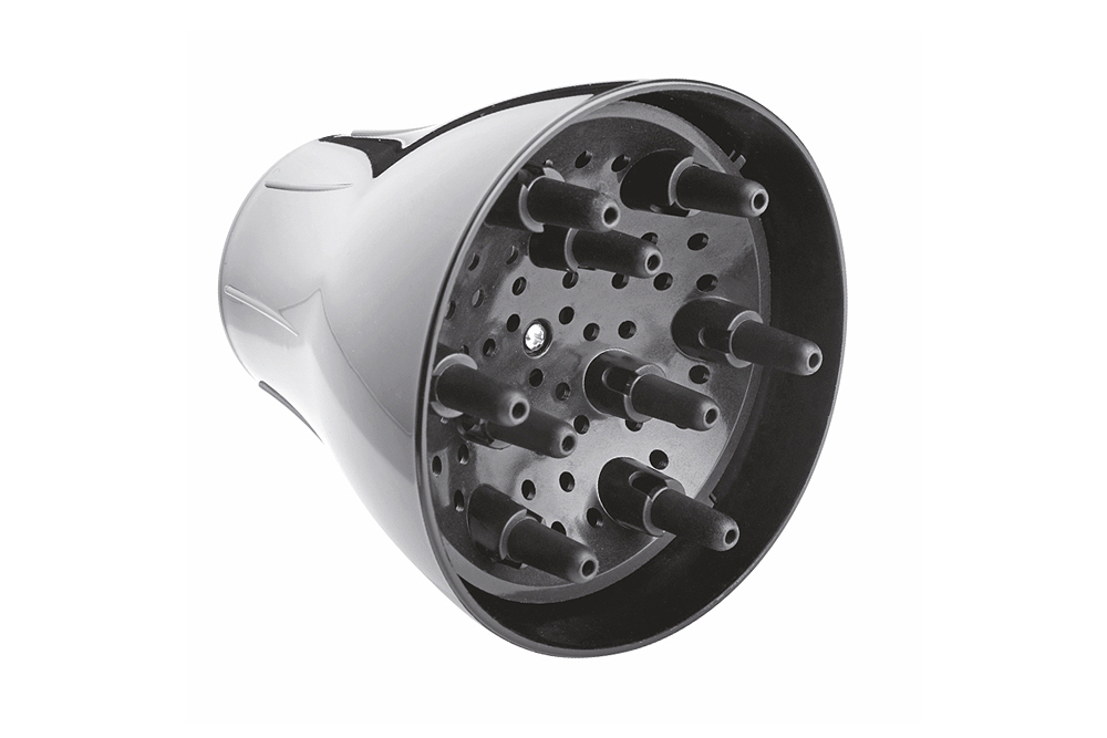 Difusor de cabelo branco e preto com vários pinos cilíndricos.