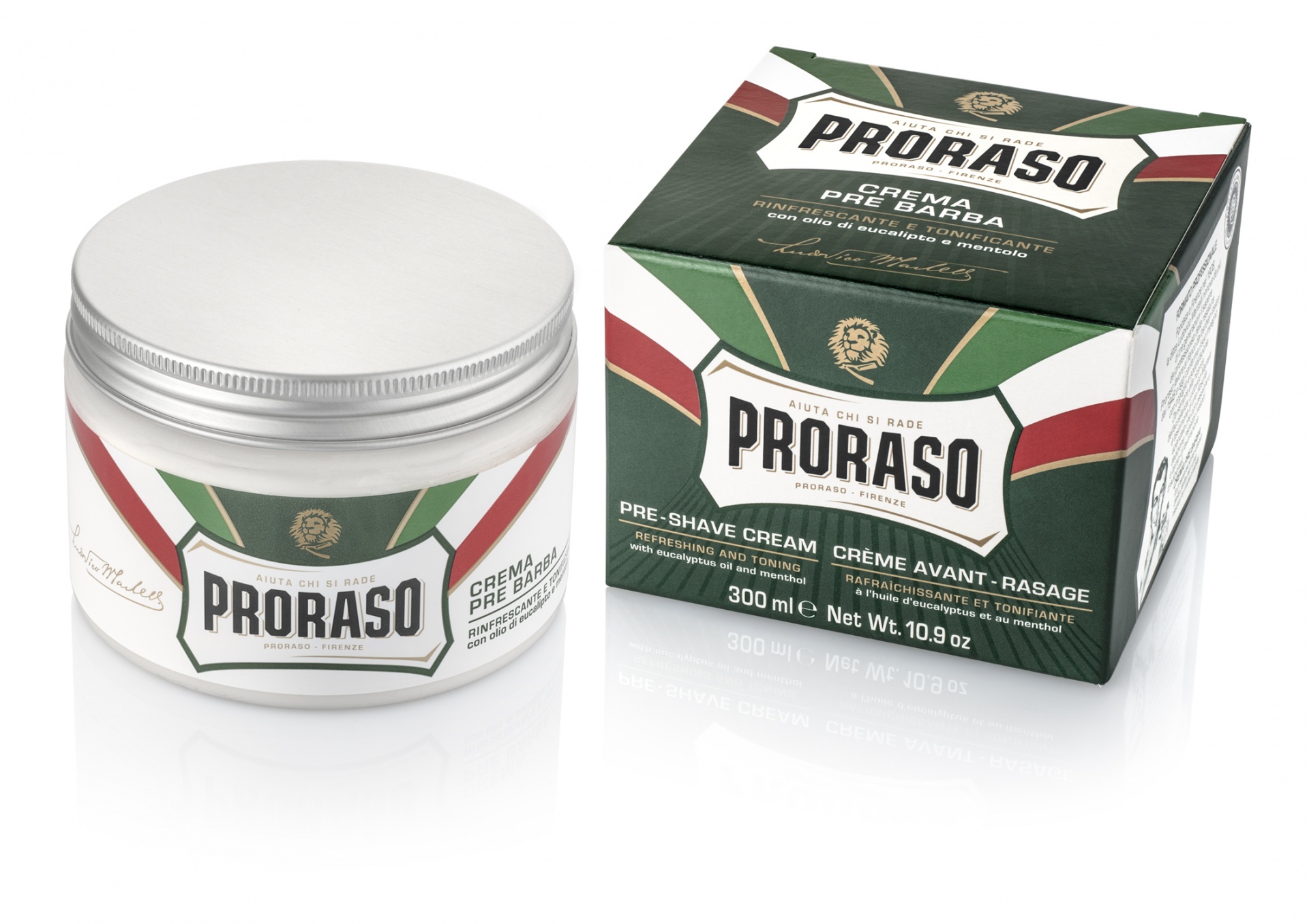 Creme de barbear Proraso em embalagem verde, branca e vermelha com frasco e caixa