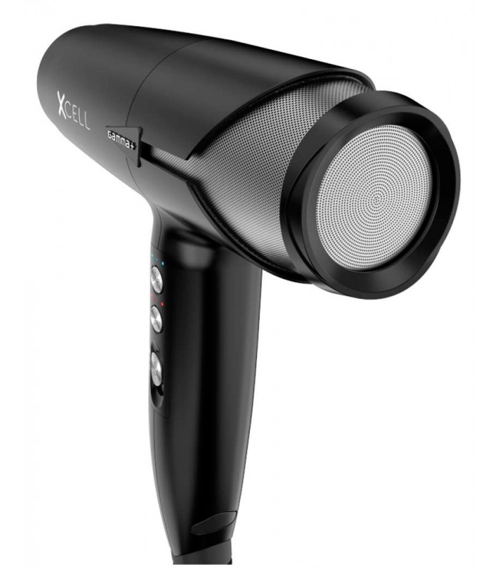 Secador de cabelo preto com detalhes cinza metalizado e texto XCELL