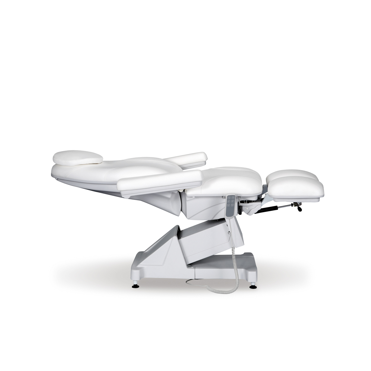 Cadeira de massagem elétrica branca ajustável em fundo branco