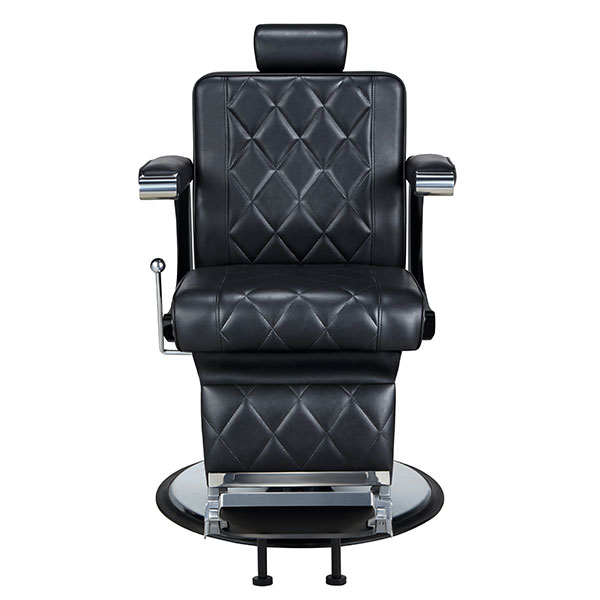 Cadeira de barbeiro preta em couro com padrão matelassê e base redonda metálica