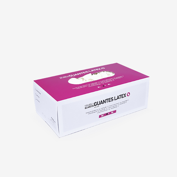 Caixa de luvas de látex brancas e rosa com texto 'GUANTES LATEX'