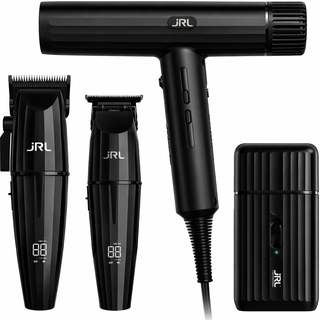Conjunto de máquinas de cortar cabelo, secador e aparelho compacto JRL em preto.
