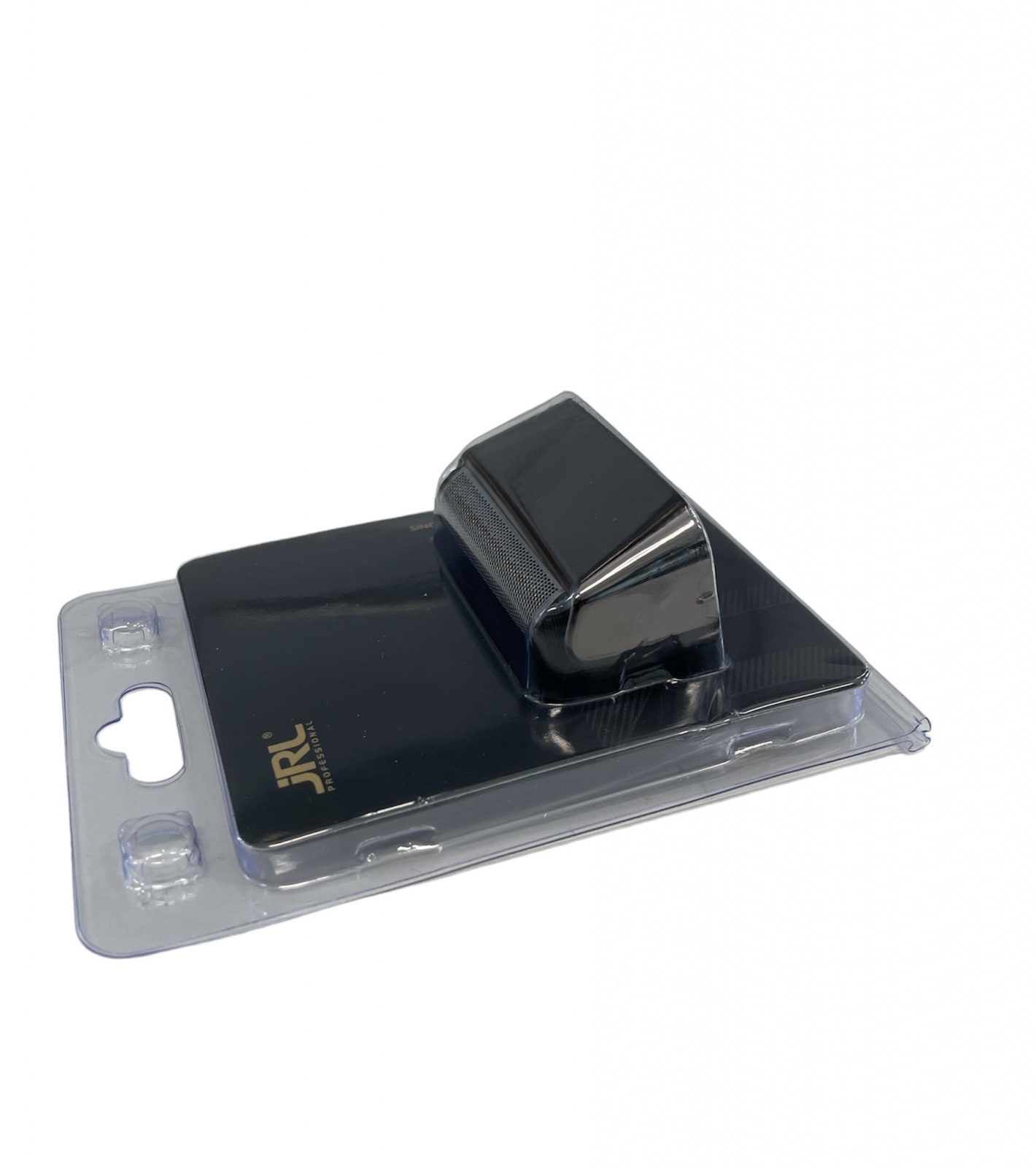 Produto preto em embalagem blister transparente com cartão preto e logotipo dourado JRL