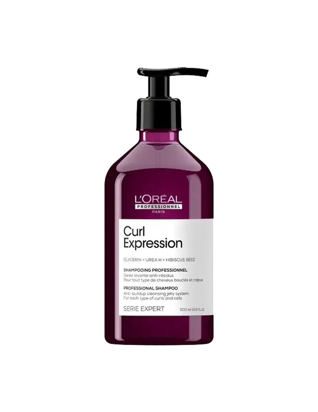 Frasco roxo de champô L'Oréal Curl Expression com doseador negro