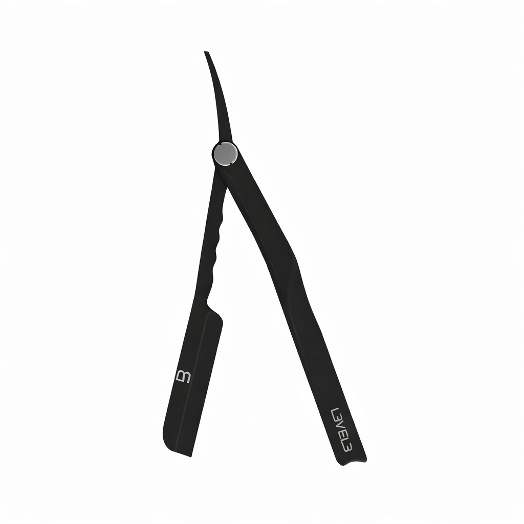 Navalha de barbear preta com lâmina curva e texto Level3