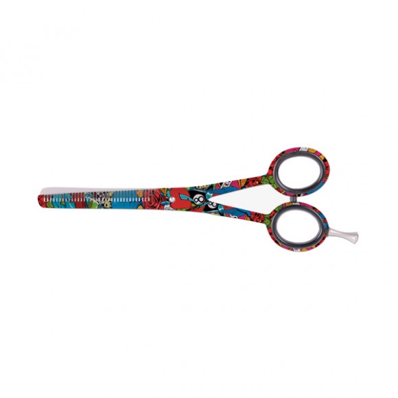 Tesoura de cabelo colorida com lâminas serrilhadas e padrão vibrante