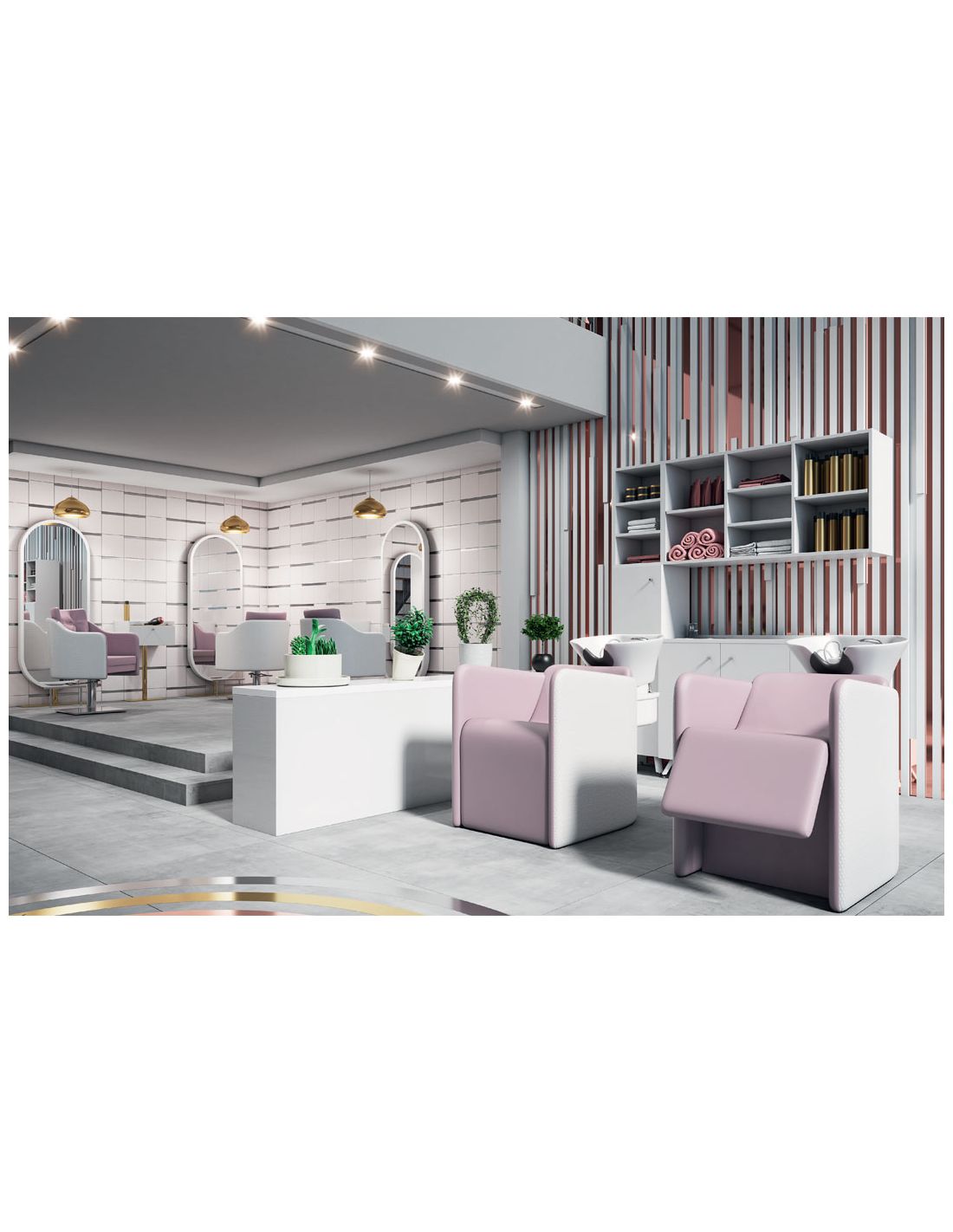 Sala de salão de beleza com cadeiras rosa e paredes decoradas