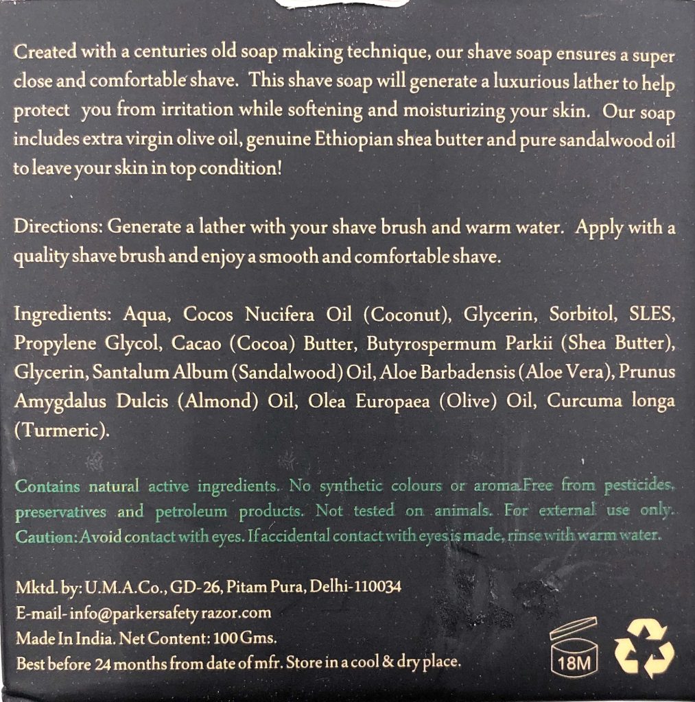 Etiqueta com texto detalhado sobre sabonete de barbear